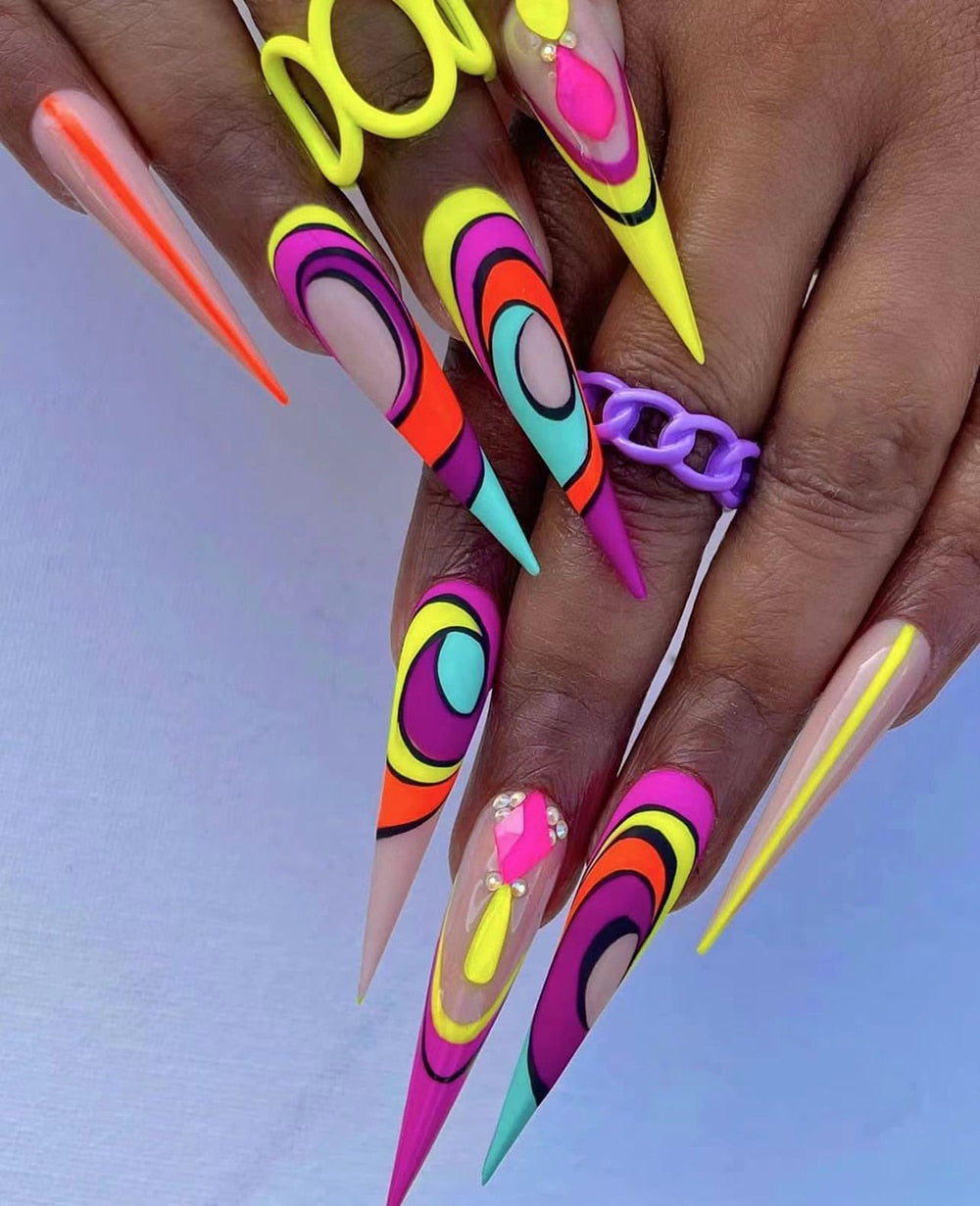 41Style Diamond Stiletto Coffin Long Nail Europe America Handwork Customization Cosplay Party Full Cover Fake Nails Woman Gift