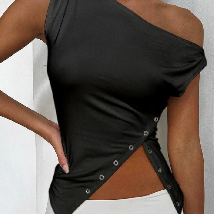 BOOFEENAA Asymmetrical Sleeveless T Shirt Button Split One Shoulder Cropped Tank Tops Womens Clothing Summer 2023 C85-CZ14 Black