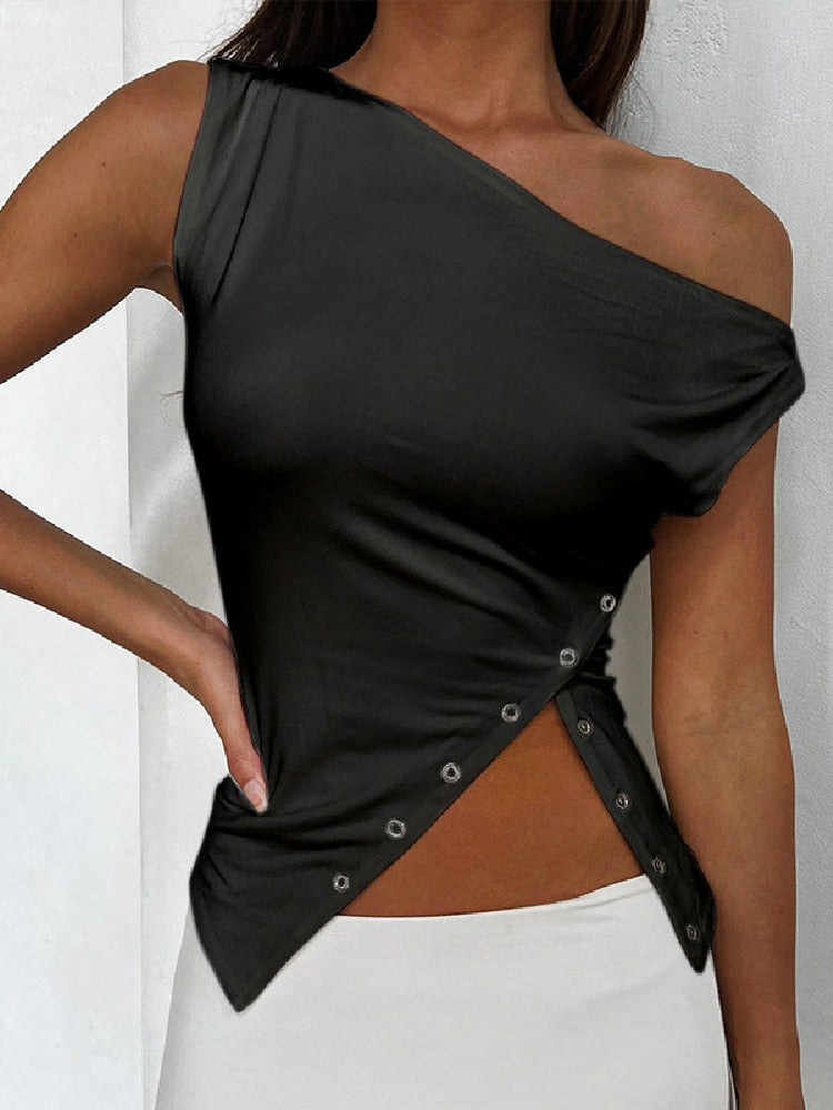 BOOFEENAA Asymmetrical Sleeveless T Shirt Button Split One Shoulder Cropped Tank Tops Womens Clothing Summer 2023 C85-CZ14 Black