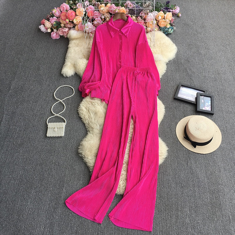 Casual Women Elegant Pleated Two Piece Set Long Sleeve Shirt And Wide Leg Pant Suits Loose Office Lady Outfits Autumn