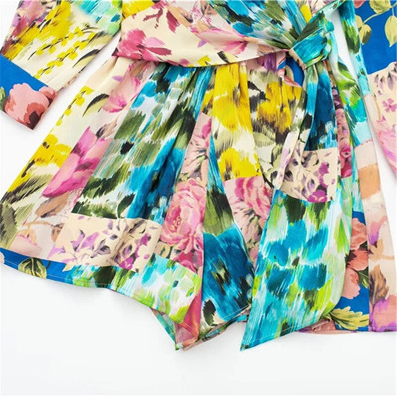 Woman Short Playsuit Patchwork Print Female Jumpsuit Knot Long Sleeve Women's Summer Playsuit Beach Women Jumpsuits