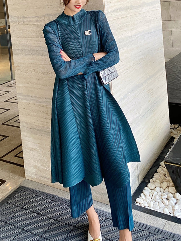 Sets Women Pleated Two Piece Set Fall Winter New Loose Casual Suit Lace Fashion Long Dress Top Pencil Pant Clothes Navy Blue One Size