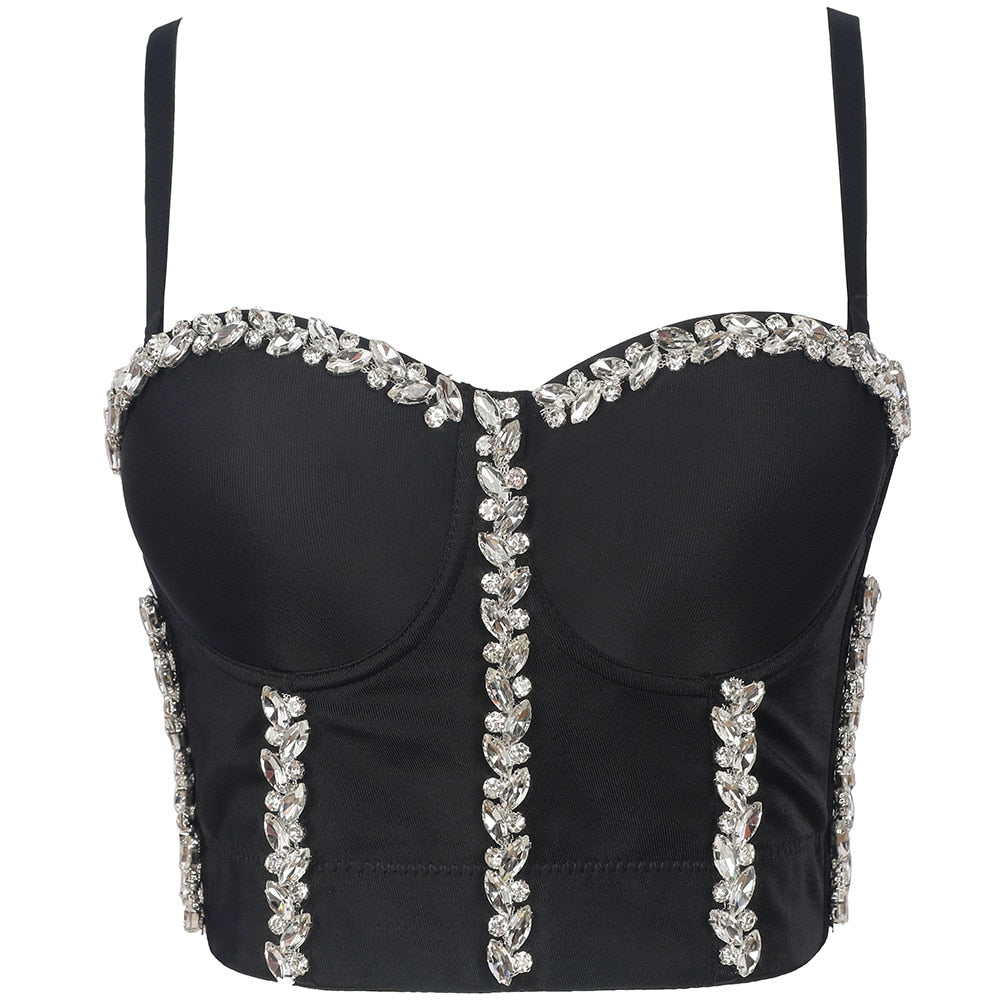 Women Tank Tops Luxury Sequined Rhinestone Pearl Wedding Push Up Bra Woman Clothes Camis Stage Ladies Crop Top Corset y2k Blusas 25-black