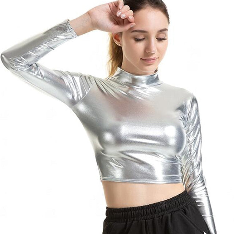 PU Short Top Women Shiny Leather Top High Street Turtleneck Dance Clubwear Long Sleeve Tops Gold Silver Costumes T shirt S989 Silver