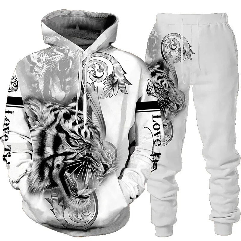 Animal Tiger Printed Hoodie Set Autumn and Winter Men's and Women's Long Sleeve Fleece Sweater Pants 2-piece Sports Set Harajuku HST91CL1098