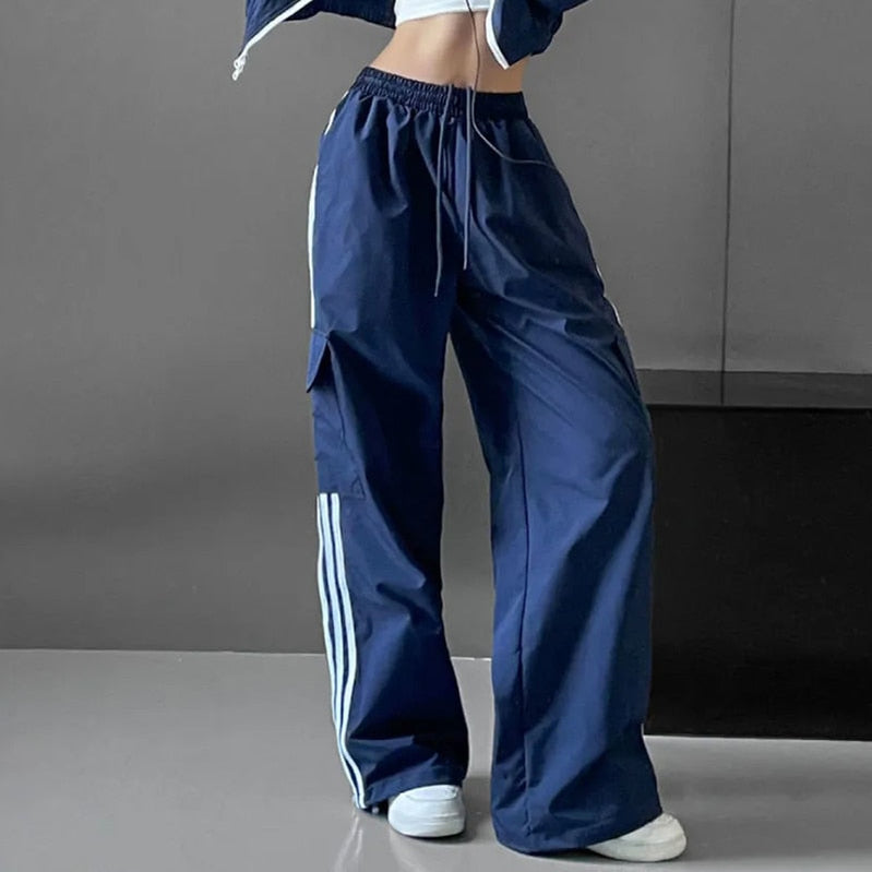Women Casual Joggers Tech Pants Vintage Solid Low Waist Drawstring Baggy Trousers Y2K Wide Leg Sweatpants Streetwear Cargo Pants EA07632-Navy