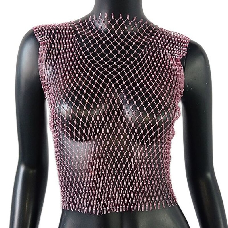 Women's Fishnet Rhinestone Crop Top 2023 Summer Sexy Mesh High Elastic Black White Shirt Net See Through Rave Diamond Tank Top Pink O neck