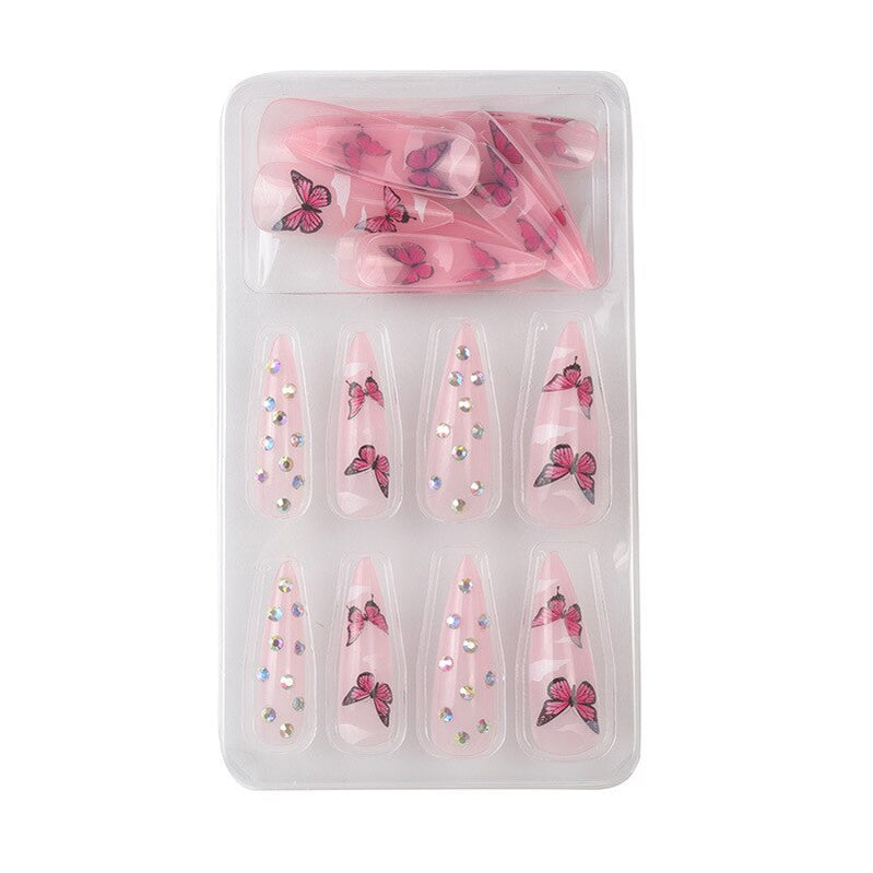 Acrylic Fake Nails Wearable Long Sharp Nail Broken Diamond Butterfly Dot Diamond Full Cover Nail Tips Set Press On Nails New