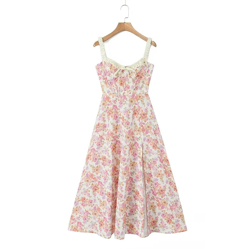 YENKYE 2023 Women French Style Floral Print A-line Midi Sling Dress Sexy Sleeveless Front Slit Female Holiday Party Summer Dress