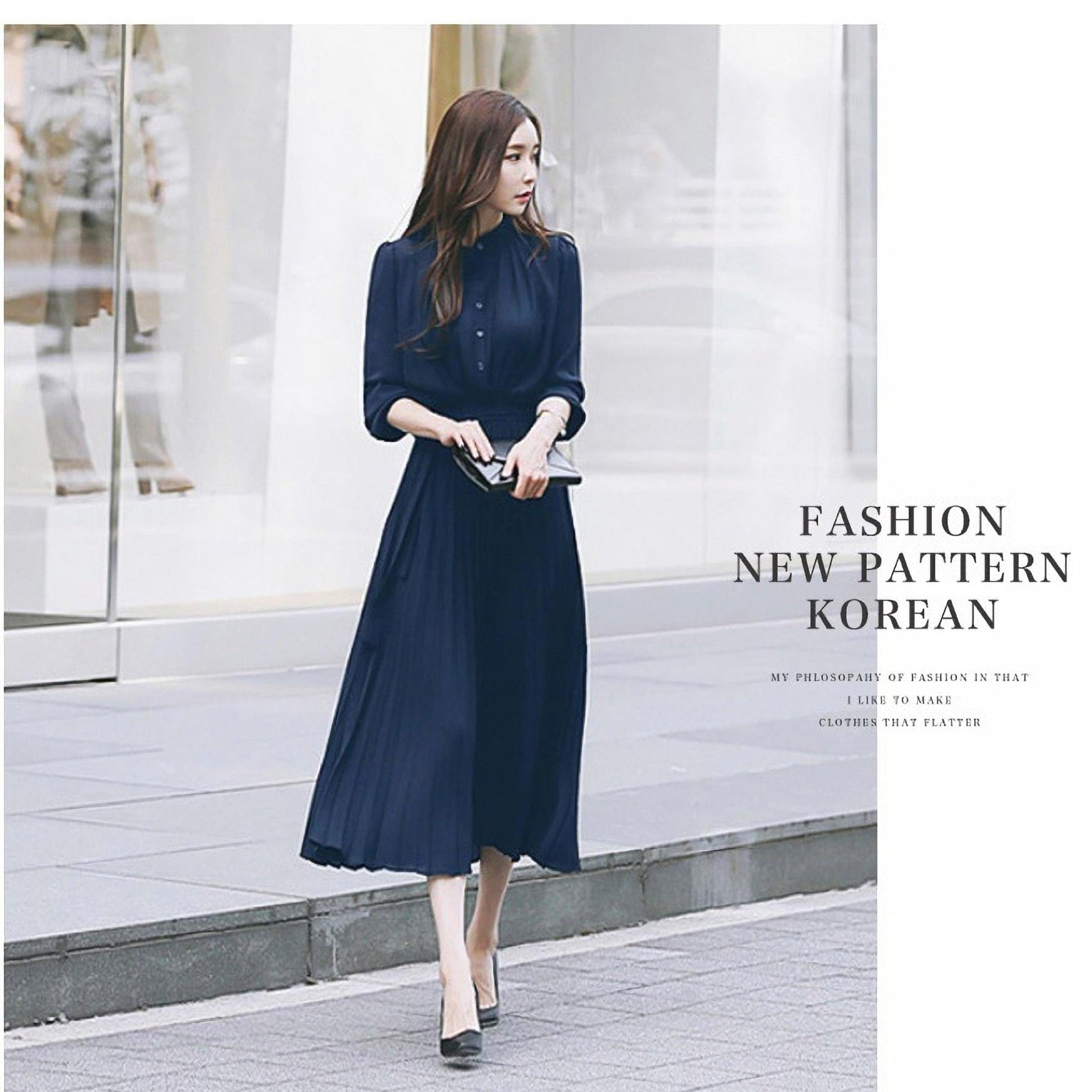 Elegant Chiffon Long Sleeve Shirt Dress Women Belt Lace Up A-line Pleated Maxi Dress Korean Fashion Fall Clothes Streetwear royal blue