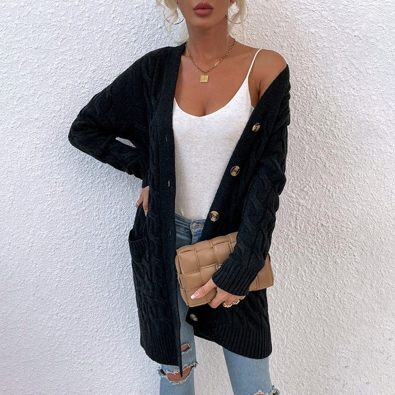 Casual Long Sweater Full Sleeve Single Breasted Solid Knitted Cardigan Women