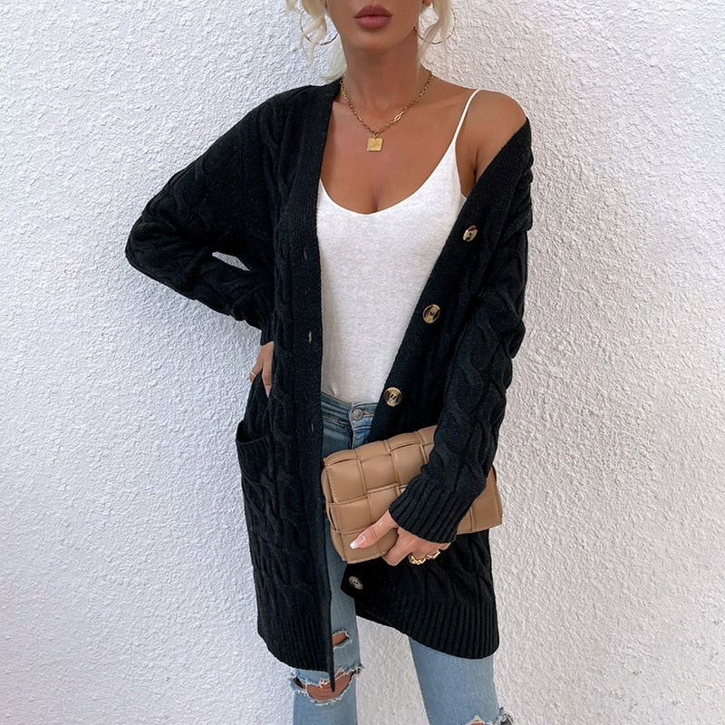Casual Long Sweater Full Sleeve Single Breasted Solid Knitted Cardigan Women