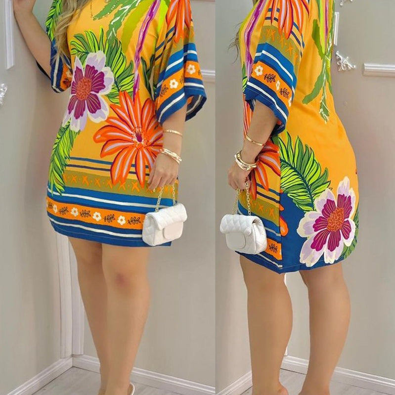 Women's Dress Summer Fashion Tropical Print Half Sleeve O-Neck Dresses Female Casual Party Beach Mini Loose Dress Vestidos Yellow1