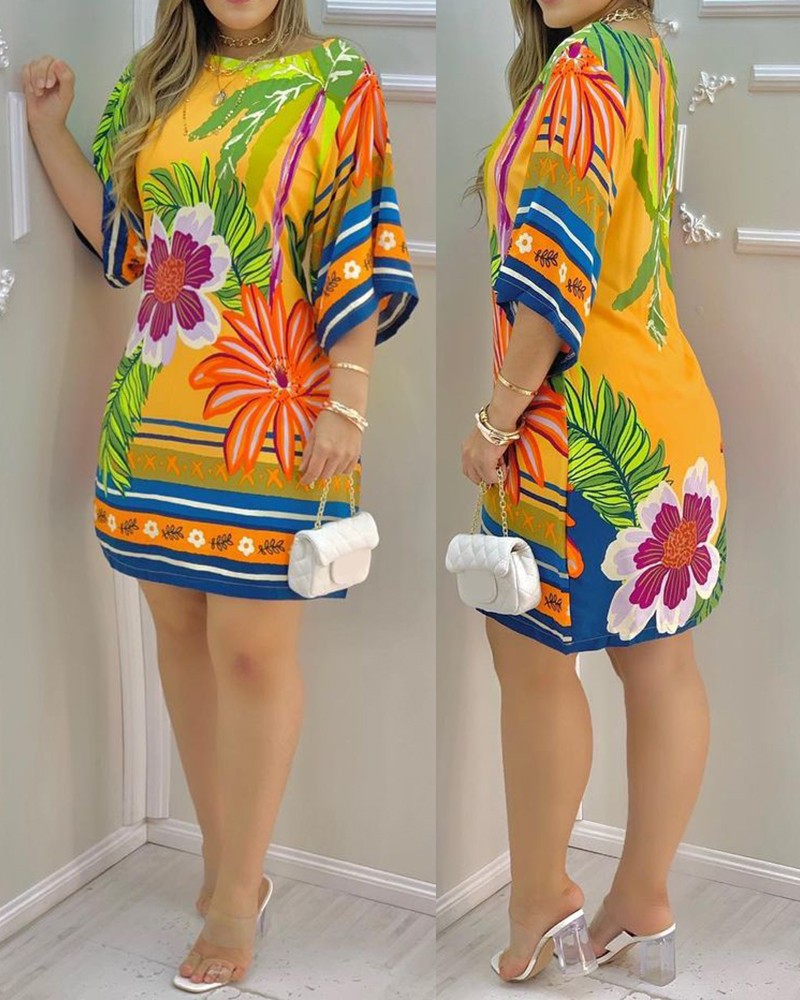 Women's Dress Summer Fashion Tropical Print Half Sleeve O-Neck Dresses Female Casual Party Beach Mini Loose Dress Vestidos