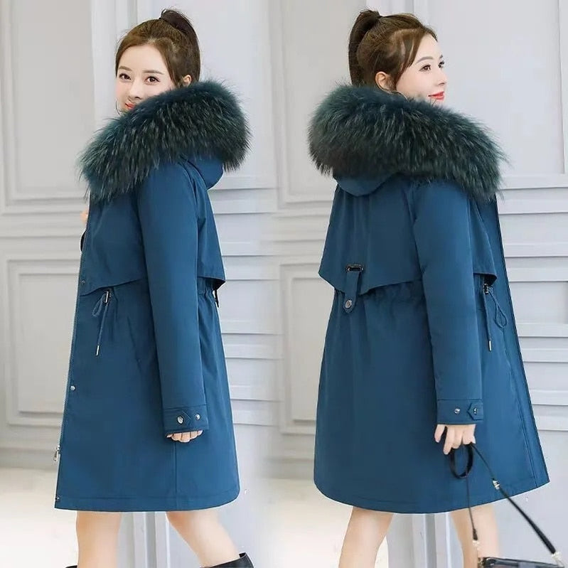 Fashion Long Winter Coat Women Clothing Wool Liner Hooded Parkas Slim With Fur Collar Warm Winter Jacket Women 6XL Navy blue