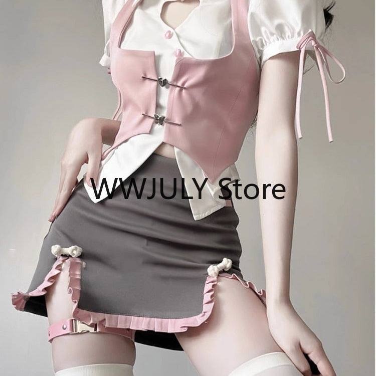 Summer Fashion Y2k 3 Piece Sets Woman Casual Solid Shirt Slim Pink Vest High Waist Mini Skirt Sweet Japanese Suit Girl Chic