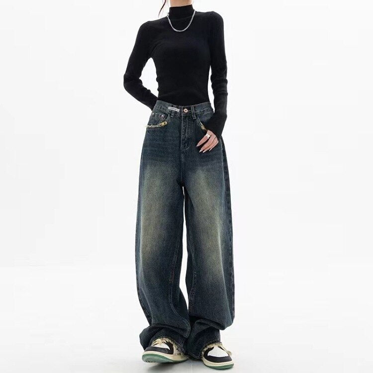 Harajuku Retro Washed Vintage Streeetwear Y2K Baggy Pants Fashion Women High Waist Jeans Wide Leg Straight Loose Denim Trousers Vintage Blue