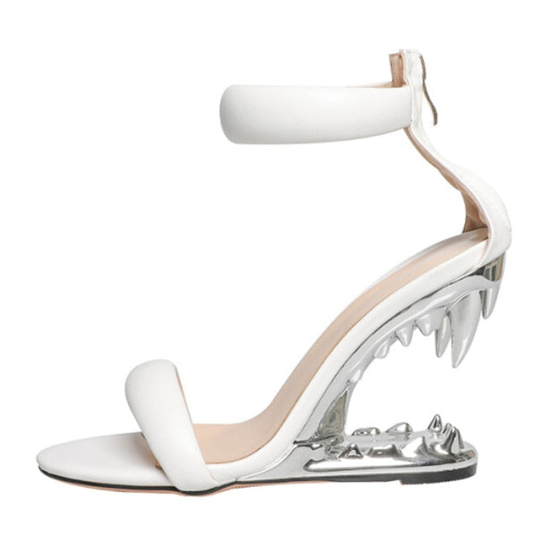 Fashion Metal Teeth Shaped Heel Sandals Round Toe Back Zipper Women's Dress Large Women's Sandals Summer