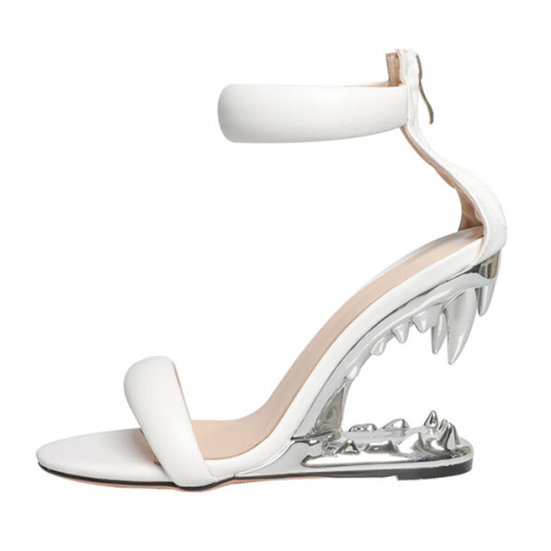 Fashion Metal Teeth Shaped Heel Sandals Round Toe Back Zipper Women's Dress Large Women's Sandals Summer