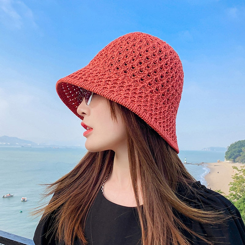Sunscreen Hat Women's Net Red ins Korean Bucket Hat Hollow out Fisherman Basin Hat Outdoor Knitted Sun Shield Hat 4 55-58CM