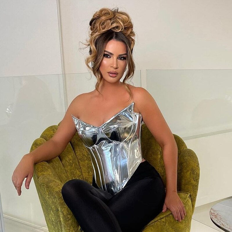 Sexy Women Shiny Gold Silver Bustier Crop Tops Bright PU Leather Crown Girdle Slimming Waist Strapless Low-cut Corset Top Summer Silver 1