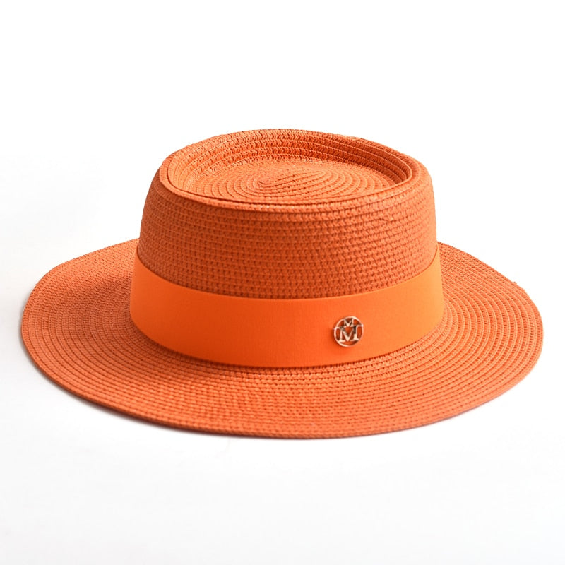 New Summer Straw Sun Hats for Women Ladies Fashion Flat Brim Ribbon Beach Hat Travel Dress Cap chapeau femme orange 56-58CM