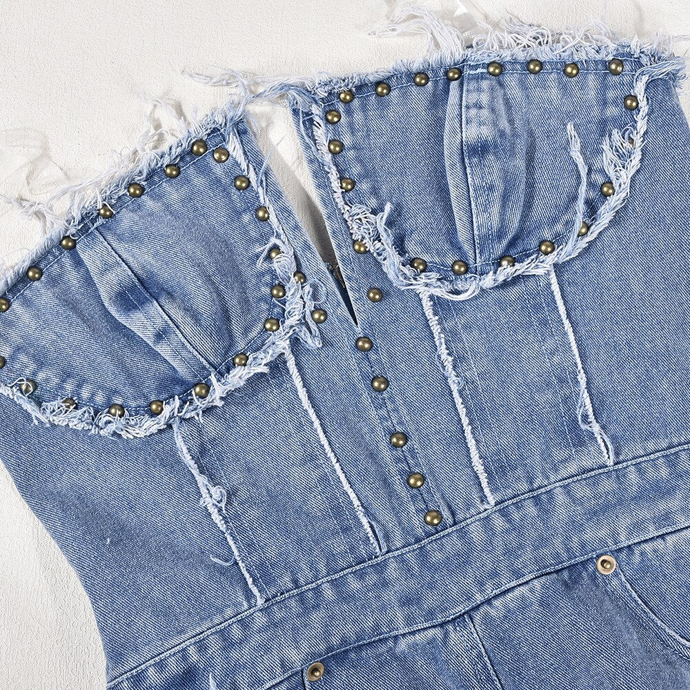 Vintage Hole Tassel Denim Jumpsuit Women New Fashion Sexy Off The Shoulder V Neck Rivet Club Party Romper Y2K One Pieces