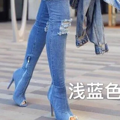 Women Boots Spring Thigh High Boots Denim Boots Women High Heels Women Shoes Peep Toe Tassel Jean Boot Ladies Shoes Boots
