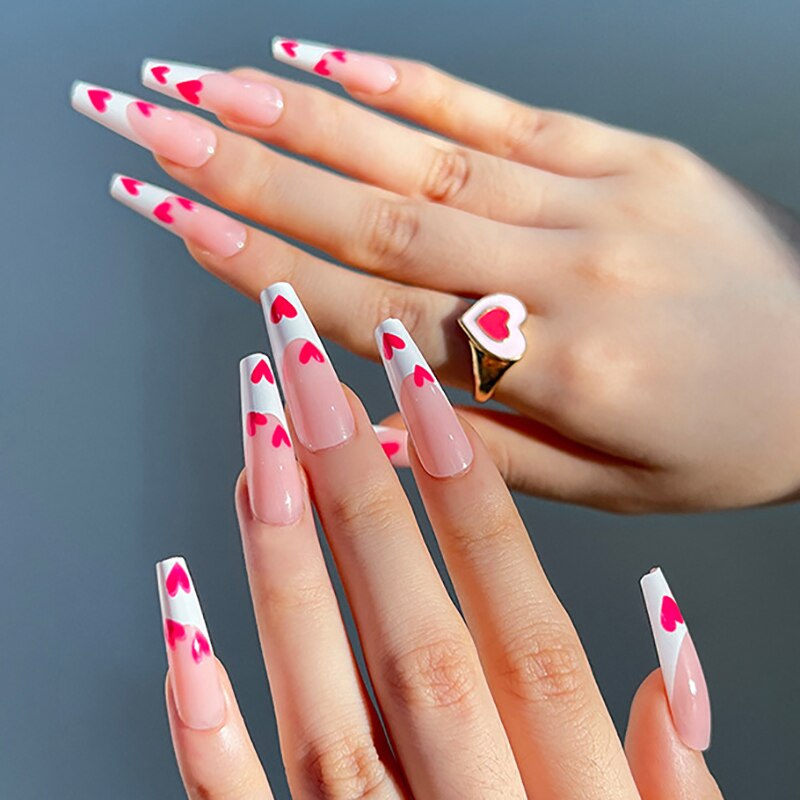 Sea Wave Carp Japanese Style Doodle False Nails Detachable Nude Pink Long Coffin Fake Nails with Glue Full Cover Press on Nails