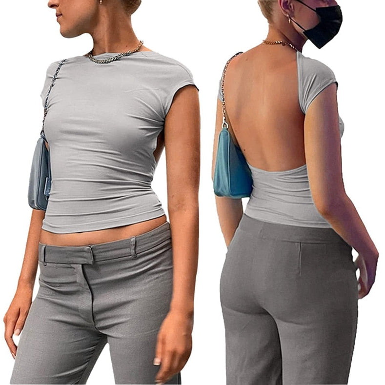 Y2K Sexy Backless Crop Top Women Casual 2023 Summer Short Sleeve O Neck T Shirts Streetwear Fit Slim Pullovers Base Tees T-Shirt Gray