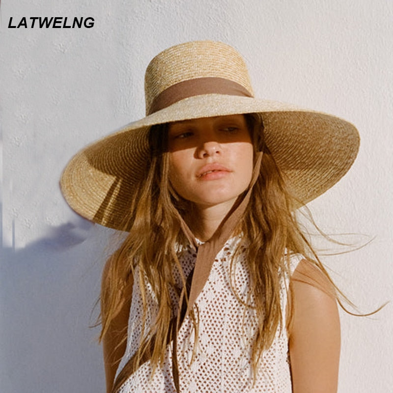 Wide Brim Beach Hats With Neck Tie For Women Large UV Protection Sun Hats Summer Big Brim Wheat Straw Hats Wholesale