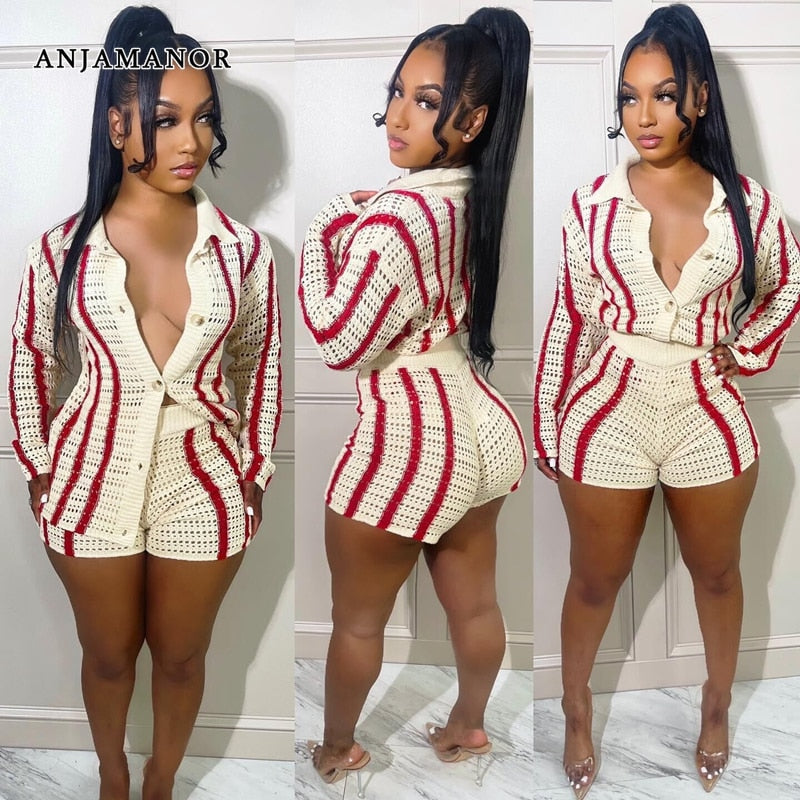 Striped Knitted Sweater Cardigan and Shorts Two Piece Set Women Clothing Fall Fashion Matching Set