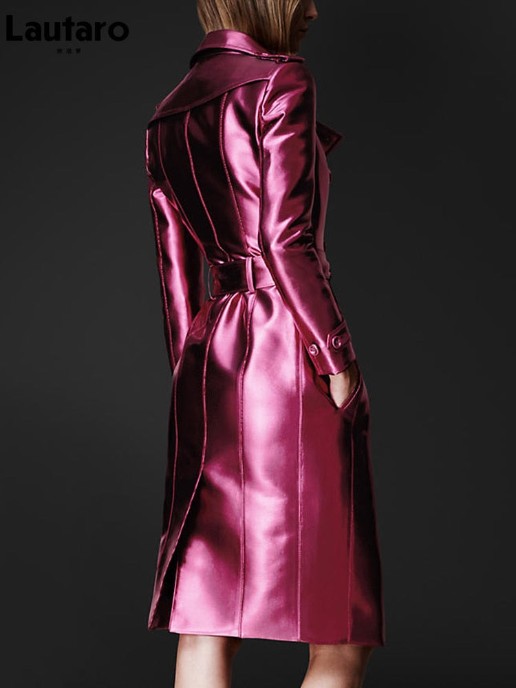 Spring Autumn Long Shiny Reflective Patent Leather Trench Coat for Women Belt Double Breasted Cool European Fashion