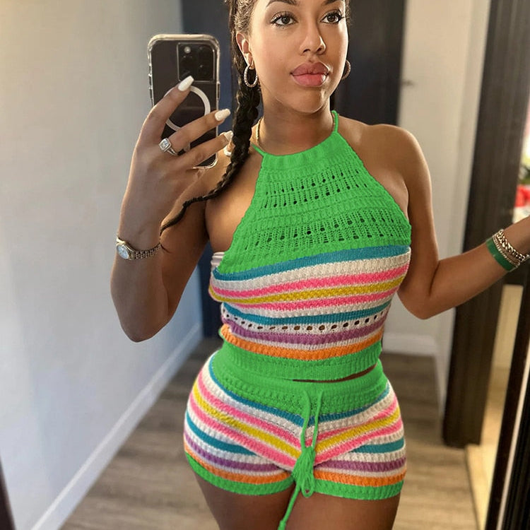 Wishyear Sexy Backless Halter Crop Top and Shorts Suit Two Piece Sets for Women Tracksuit Knitted Crochet Co Ord Summer Outfits Green CN