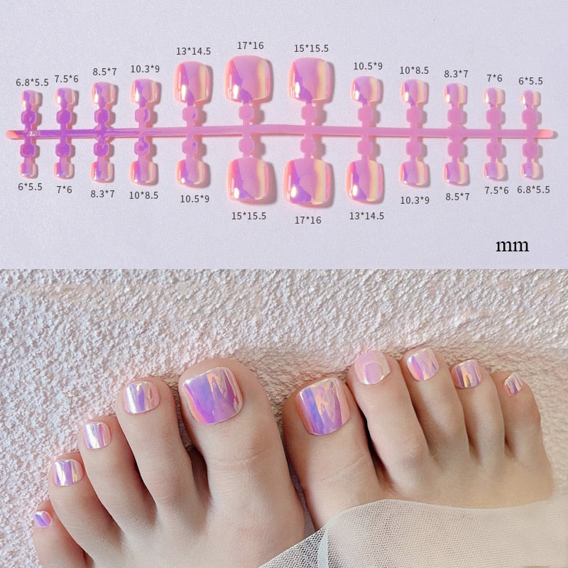 False Toenail 24Pcs/Box Toe Nail 3D Glitter Decor Press On Fake Nails With Glue Detachable Square Short Full Cover DIY Nail Tips