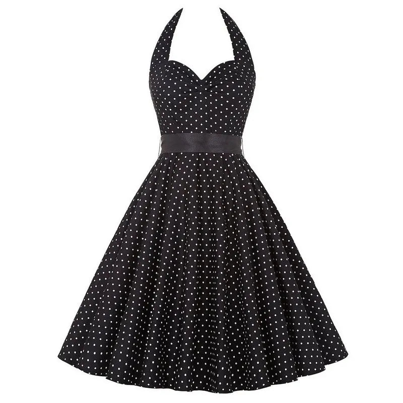 Polka Dot Dress Women Vintage Swing Halter Belt 50s 60s Rockabilly Prom Party Dresses Retro Feminino Vestidos 561