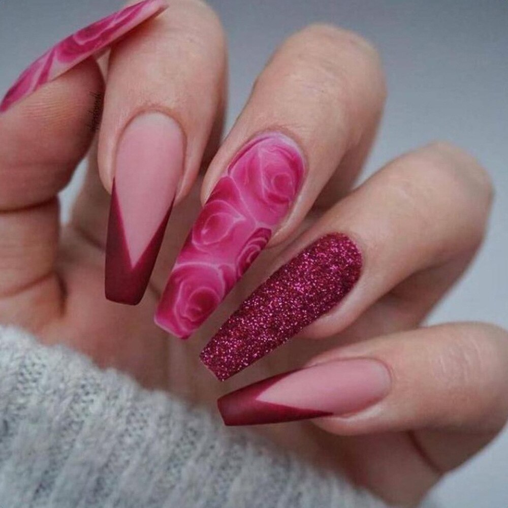 Pink Cow Design False Nail French Full Cover Long Coffin Fake Nails Glue DIY Manicure Nail Art Tools press on nails nail tips C2