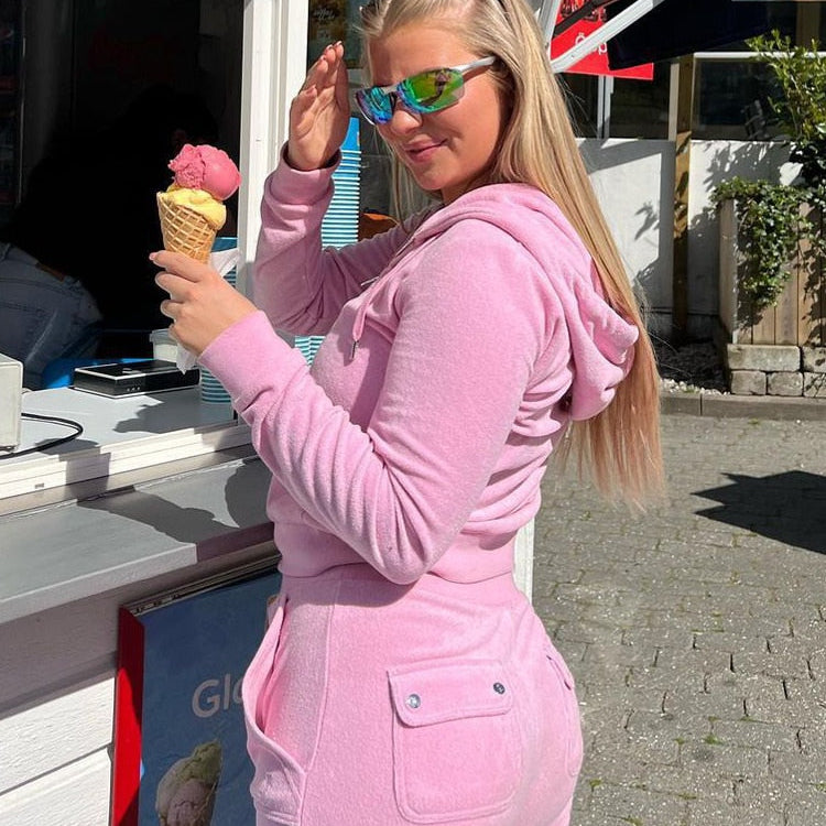 Women Autumn Winter Outfits Casual Zipper Sweater Hoodie Set High Waist Skinny Pants Suits Knitted Womens Y2k Two Piece Set pink