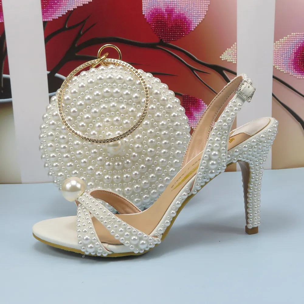 White Female Sandals Bridal shoes bag set woman Fashion Thin Heel Big Pearl Girls fashion Sandals party Shoes white shoe and bag