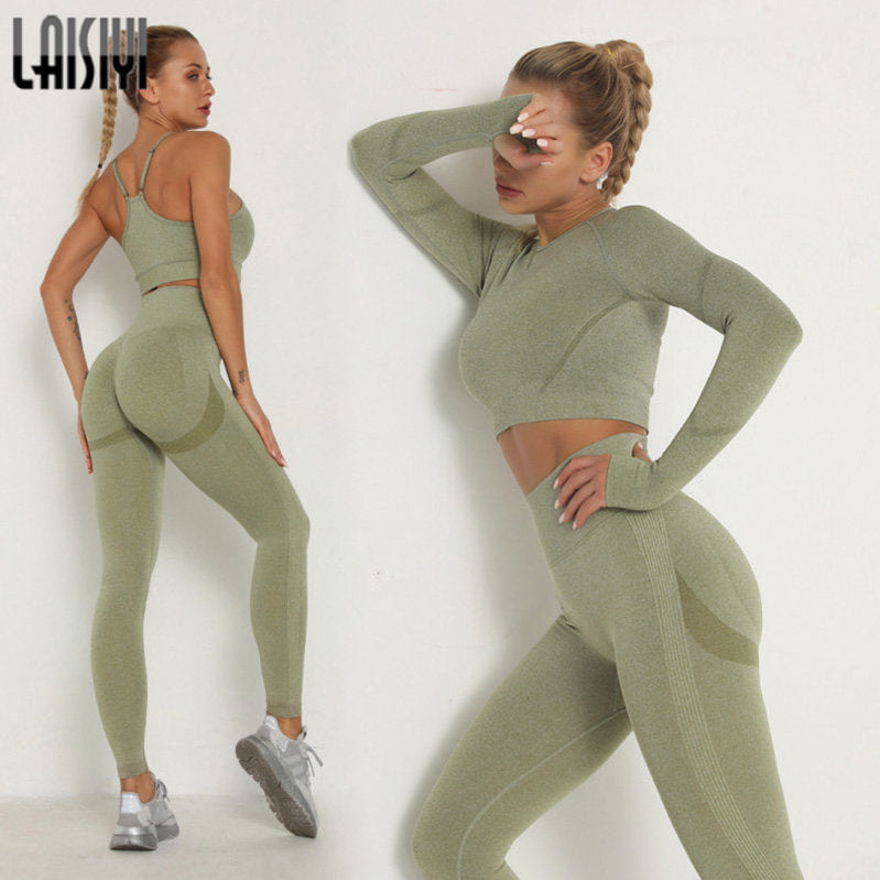 Women's Sets Skinny Tracksuit Breathable Bra Long Sleeve Top Seamless Outfits High Waist Push Up Leggings Gym Clothes Sport Suit