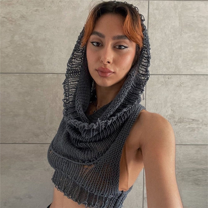 Knitted Y2k Hooded Crop Top Women Summer Sleeveless Off Shoulder T Shirt Top 2023 Hooded Tee Street Wear Fashion White Yuqung