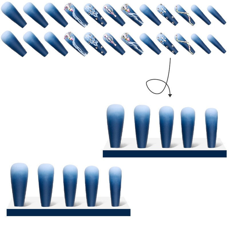 5D long fake nails set Gradual Camellia with glitter diamond designs french coffin ballet tips faux ongles press on false nail