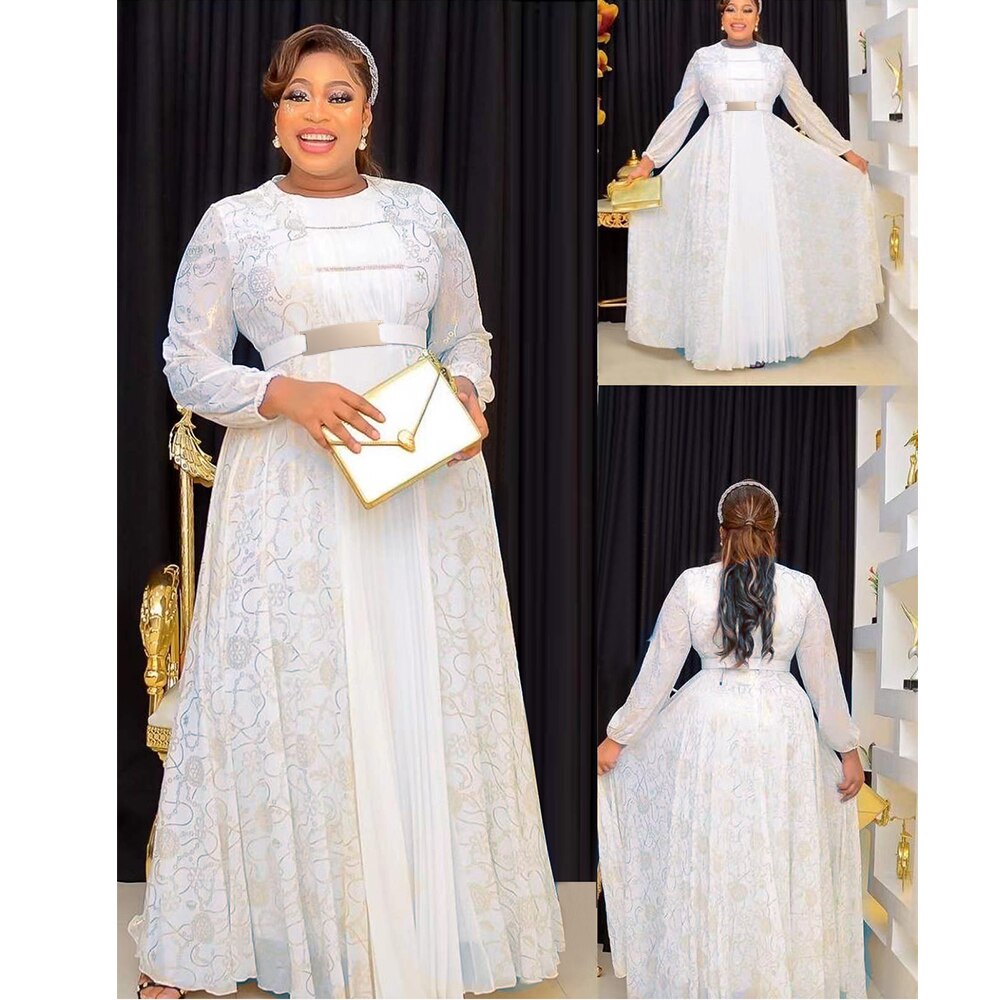 African Maxi Dresses For Women 2023 Plus Size Evening Party Long Dress Africa Clothing Elegant Kaftan Muslim Chiffon Dress White