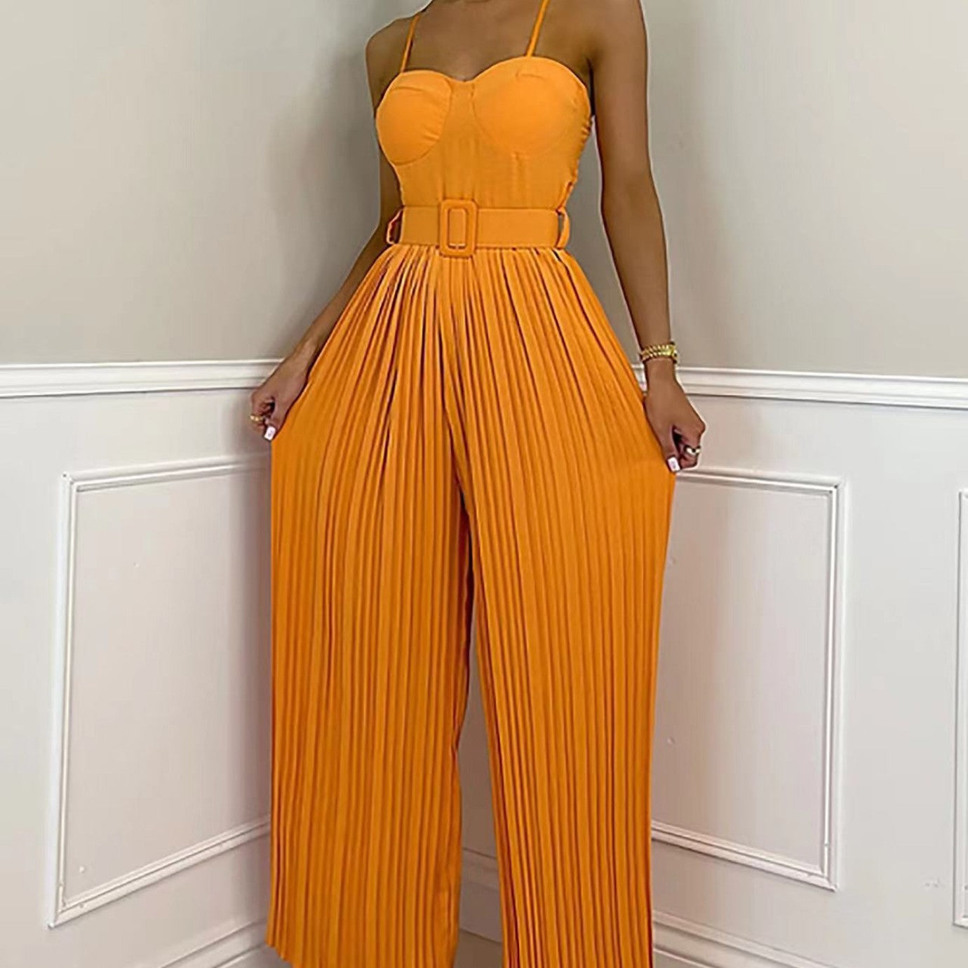 Summer Casual Suspenders Long Jumpsuit Women Sexy Fashion Solid Sleeveless Sashes Pleated Wide Leg Jumpsuit Orange Female Orange