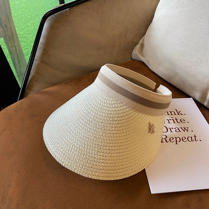 Empty Top Straw Hat Travel Sunshade Sun Hat Cap Trendy Superlite Beach Cap summer Wear Visor Cap For Womens White 57 cm