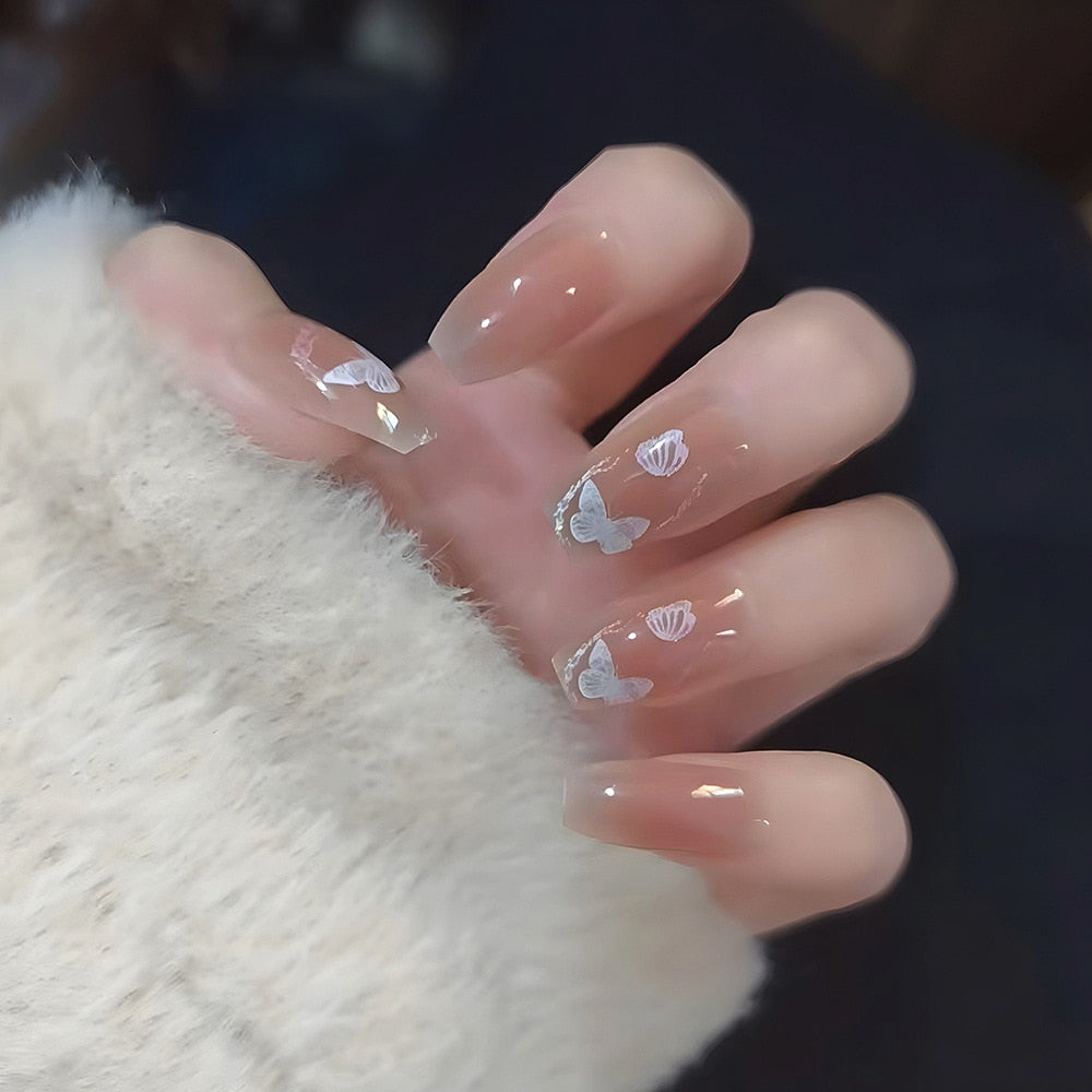 Gradient Fake Nails Press on Nail Diamond Cross Art Long Tips False Forms with Glue Stick Stickers Reusable Set DY356