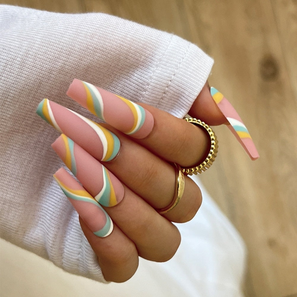 Pink Cow Design False Nail French Full Cover Long Coffin Fake Nails Glue DIY Manicure Nail Art Tools press on nails nail tips A3