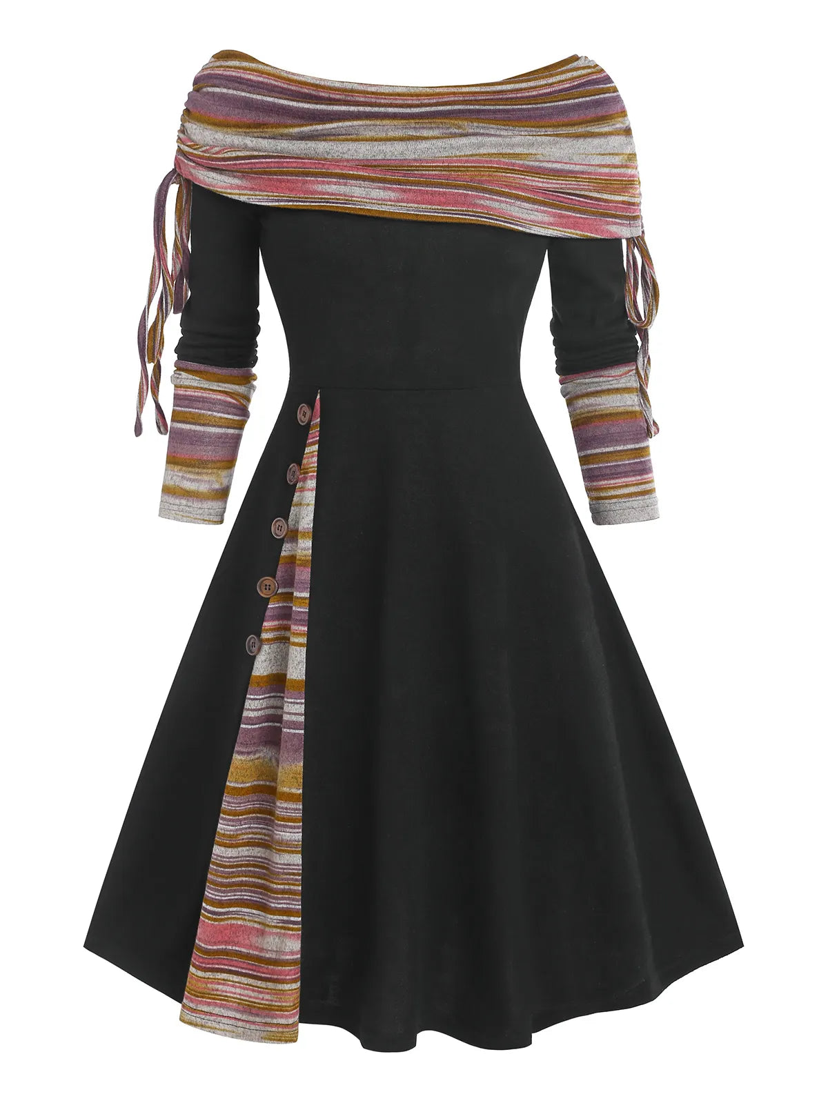 Convertible Cinched Striped Flare Dress Foldover Off The Shoulder Knitted Dresses Women Long Sleeve Jurken