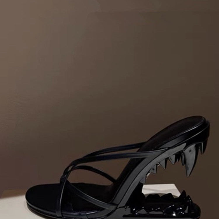 Fashion Metal Teeth Shaped Heel Sandals Round Toe Back Zipper Women's Dress Large Women's Sandals Summer Black 2