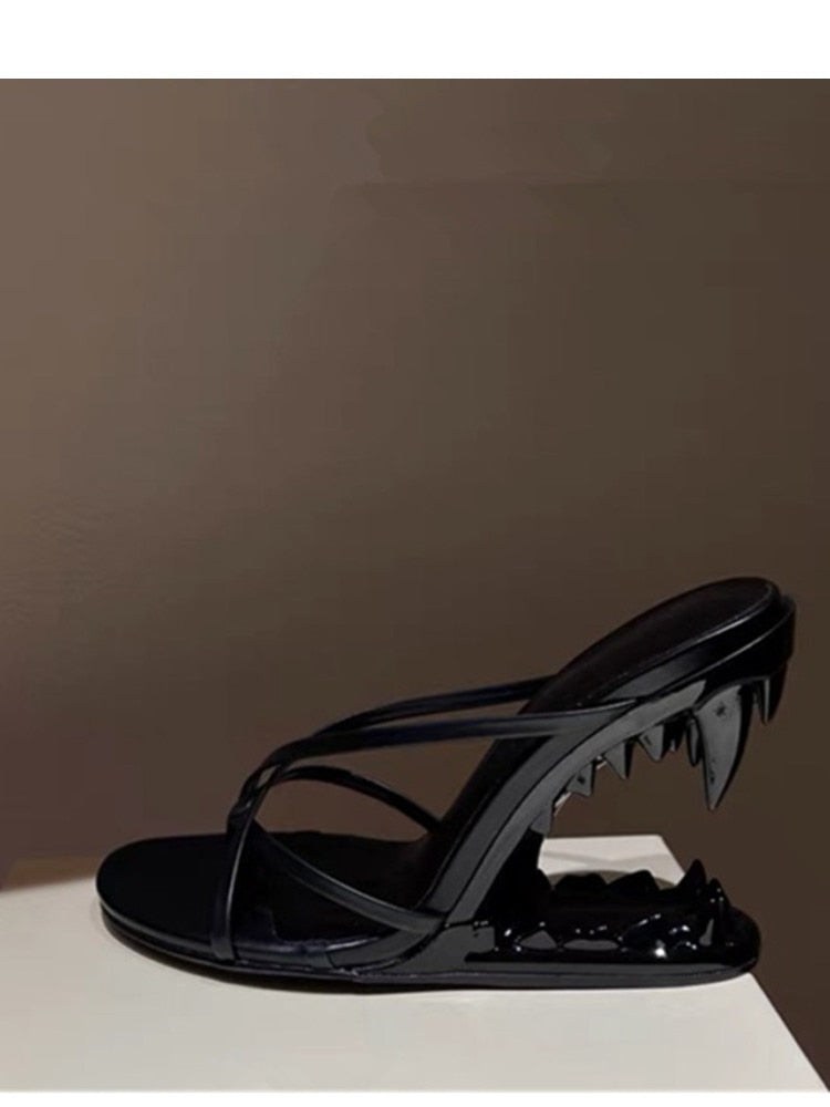 Fashion Metal Teeth Shaped Heel Sandals Round Toe Back Zipper Women's Dress Large Women's Sandals Summer Black 2